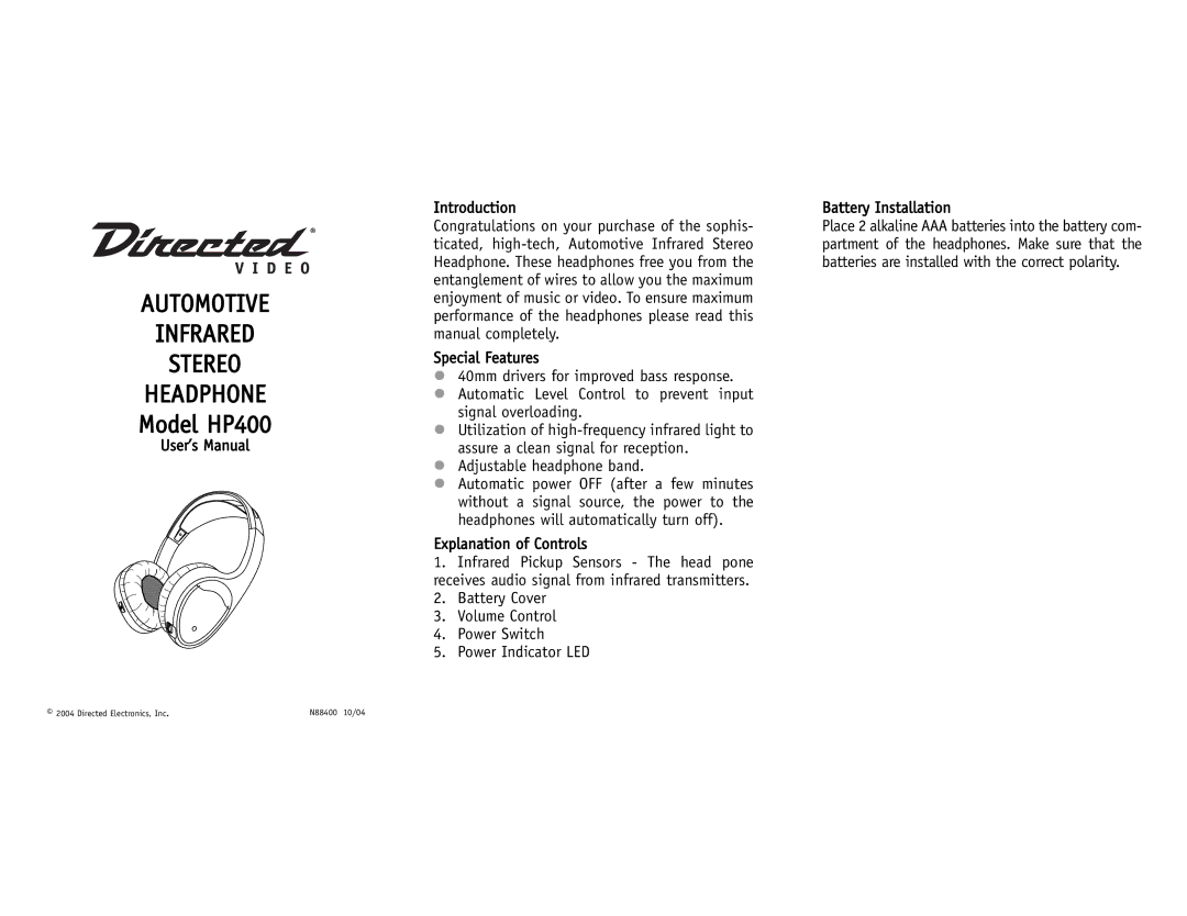 Directed Electronics manual Automotive Infrared Stereo Headphone, Model HP400, User’s Manual, Introduction 