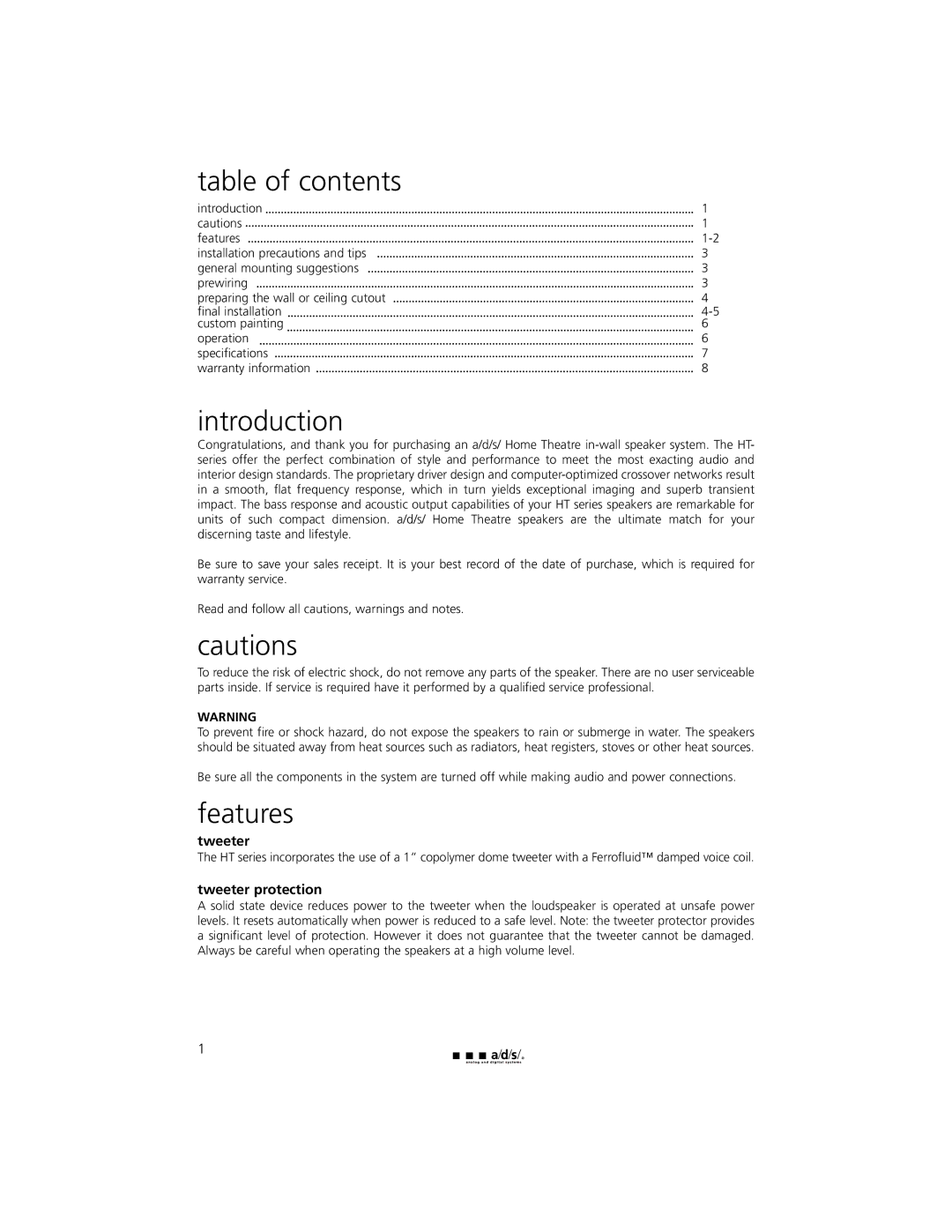 Directed Electronics HT400IW, HT300IW, HT800IW owner manual Table of contents, Introduction, Features 