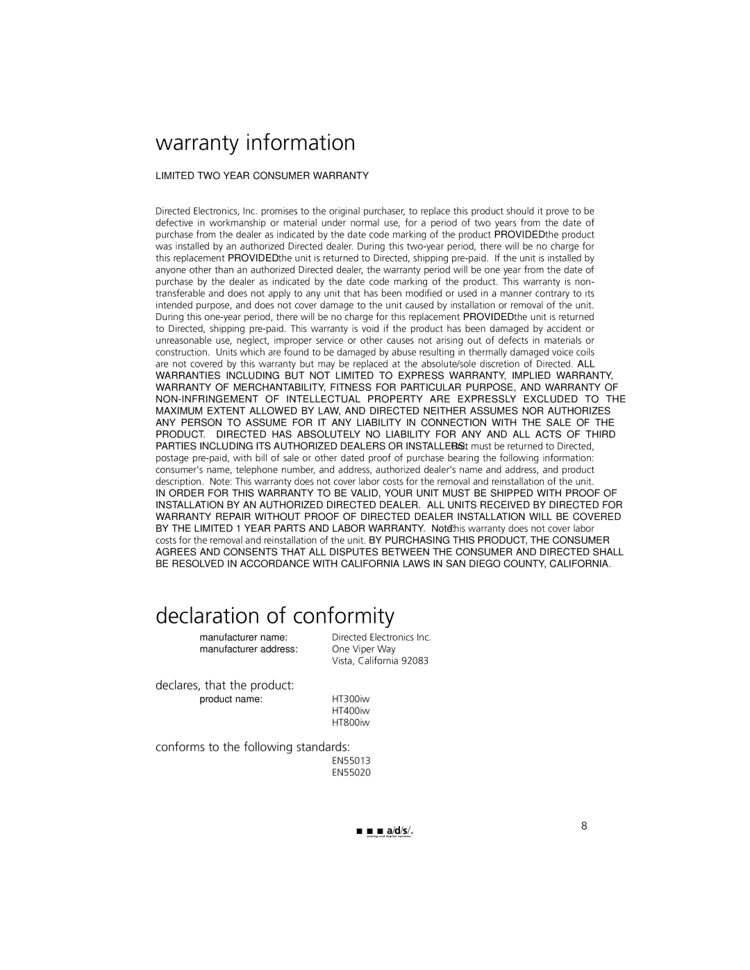 Directed Electronics HT300IW, HT800IW, HT400IW owner manual Warranty information, Declaration of conformity 