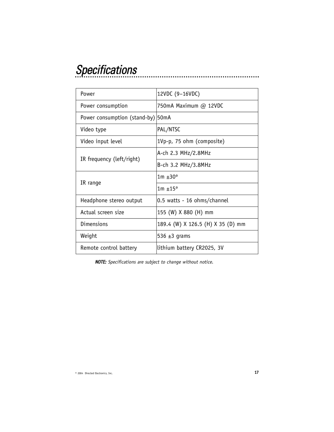 Directed Electronics HVM702 installation manual Specifications, Pal/Ntsc 