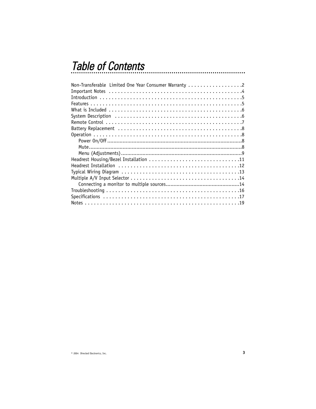 Directed Electronics HVM702 installation manual Table of Contents 