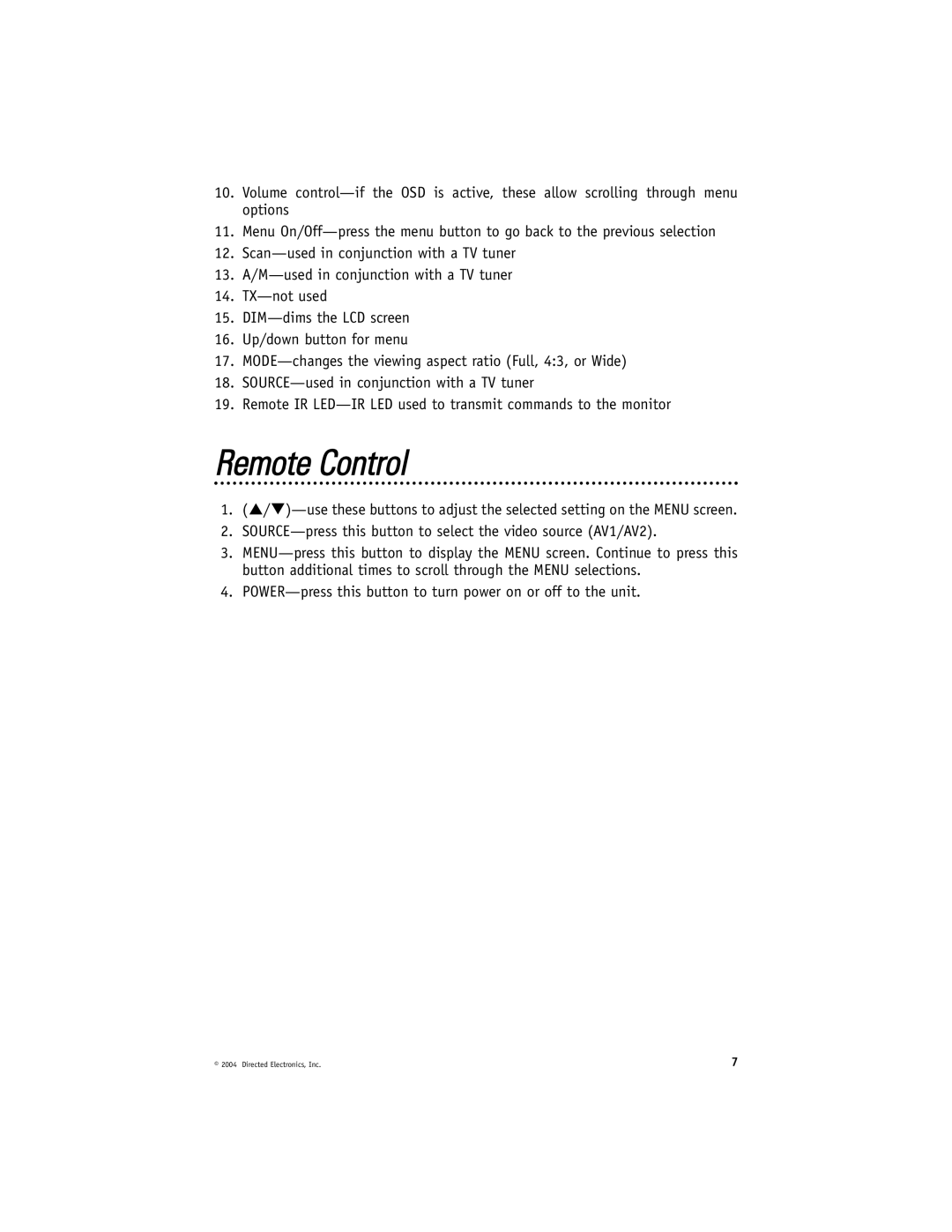 Directed Electronics HVM702 installation manual Remote Control 