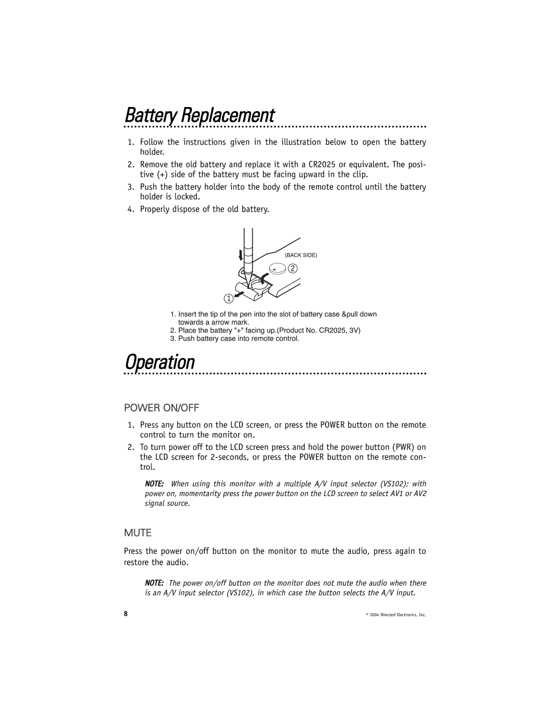 Directed Electronics HVM702 installation manual Battery Replacement, Operation 