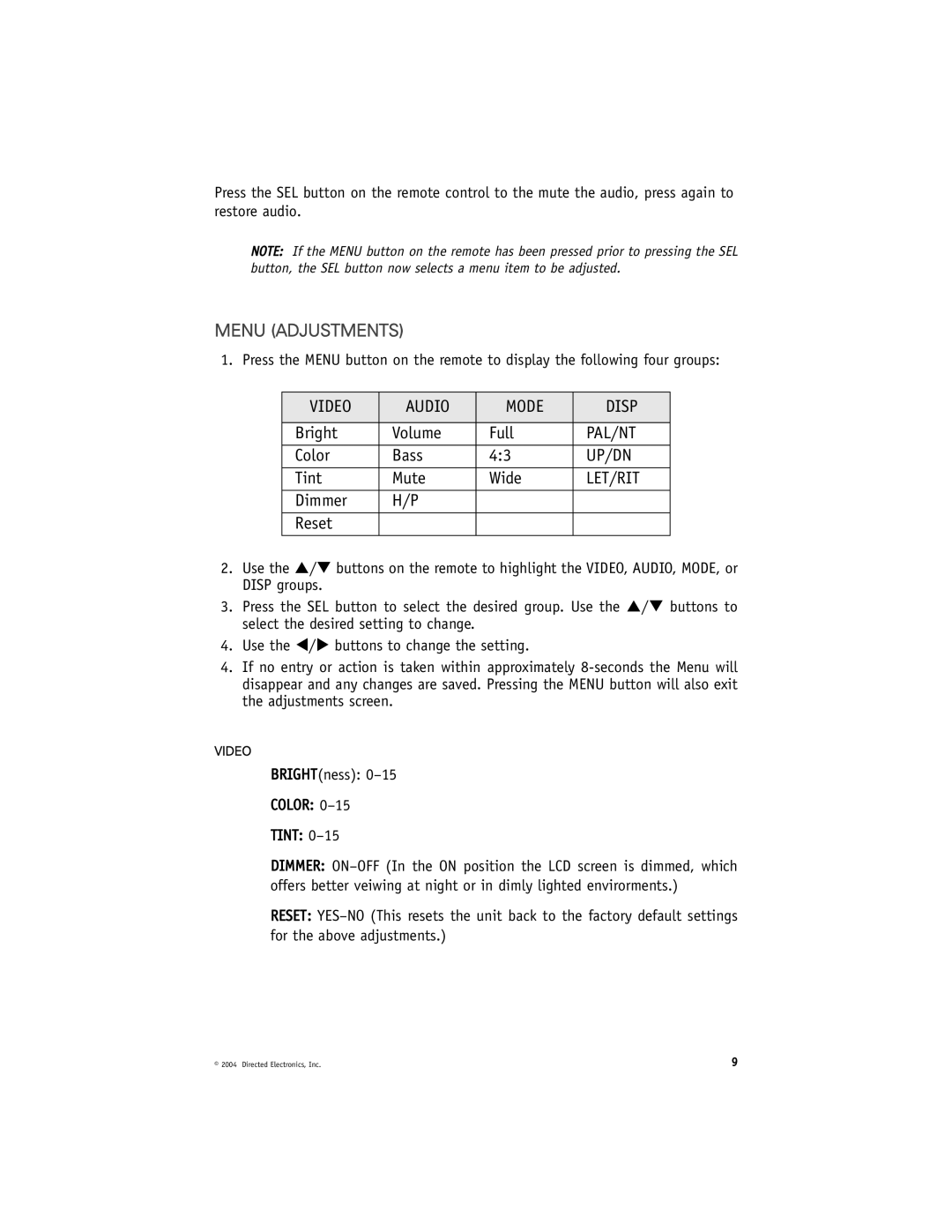 Directed Electronics HVM702 installation manual Menu Adjustments 