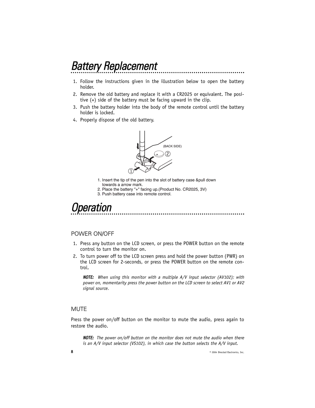 Directed Electronics HVM702A installation manual Battery Replacement, Operation 