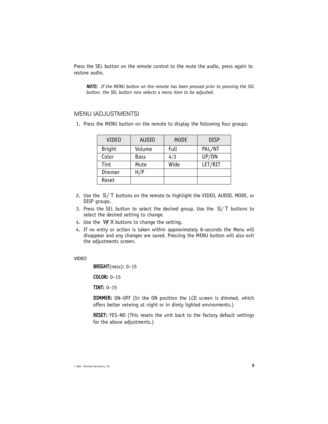 Directed Electronics HVM702A installation manual Menu Adjustments 