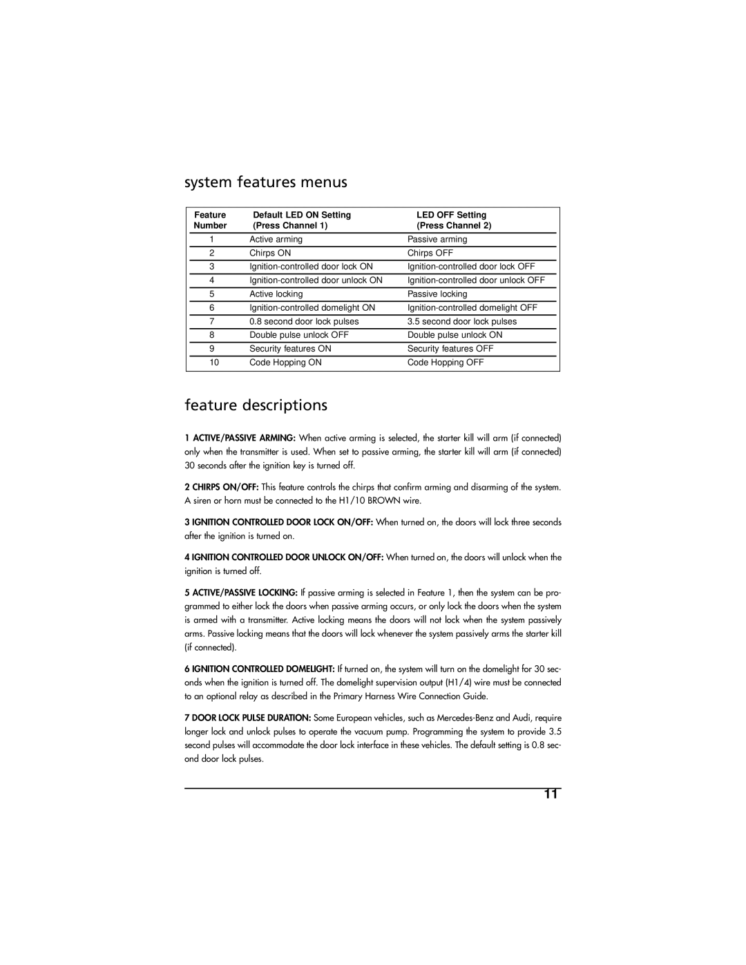 Directed Electronics K10 manual system features menus, feature descriptions 