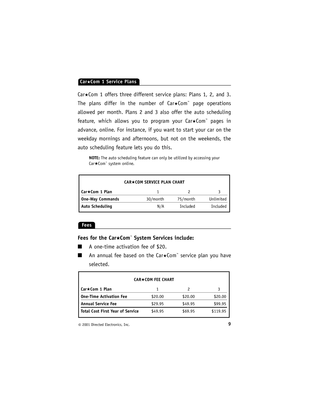 Directed Electronics Model 400 manual Fees for the CarCom System Services include, Annual Service Fee 