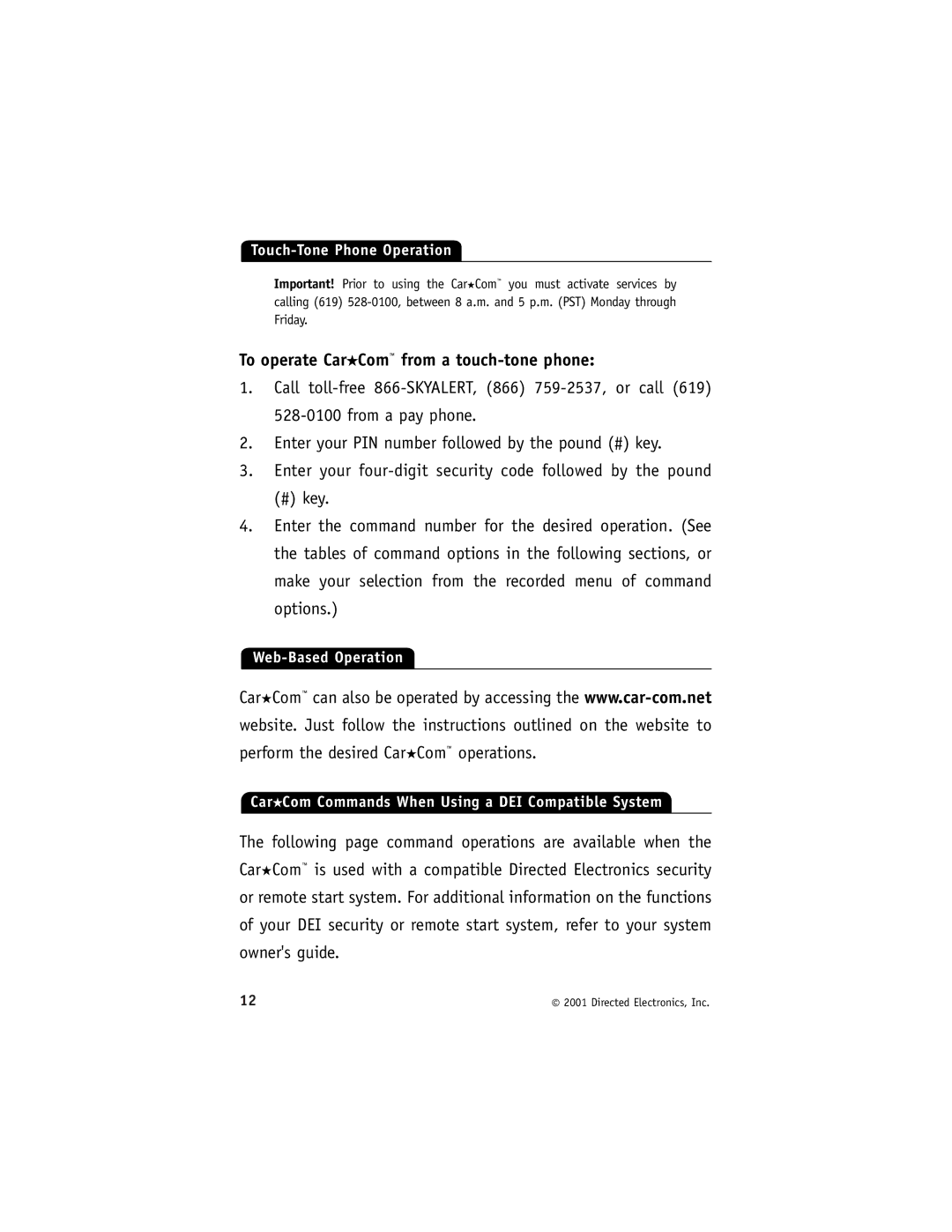 Directed Electronics Model 400 manual To operate CarCom from a touch-tone phone, Touch-Tone Phone Operation 