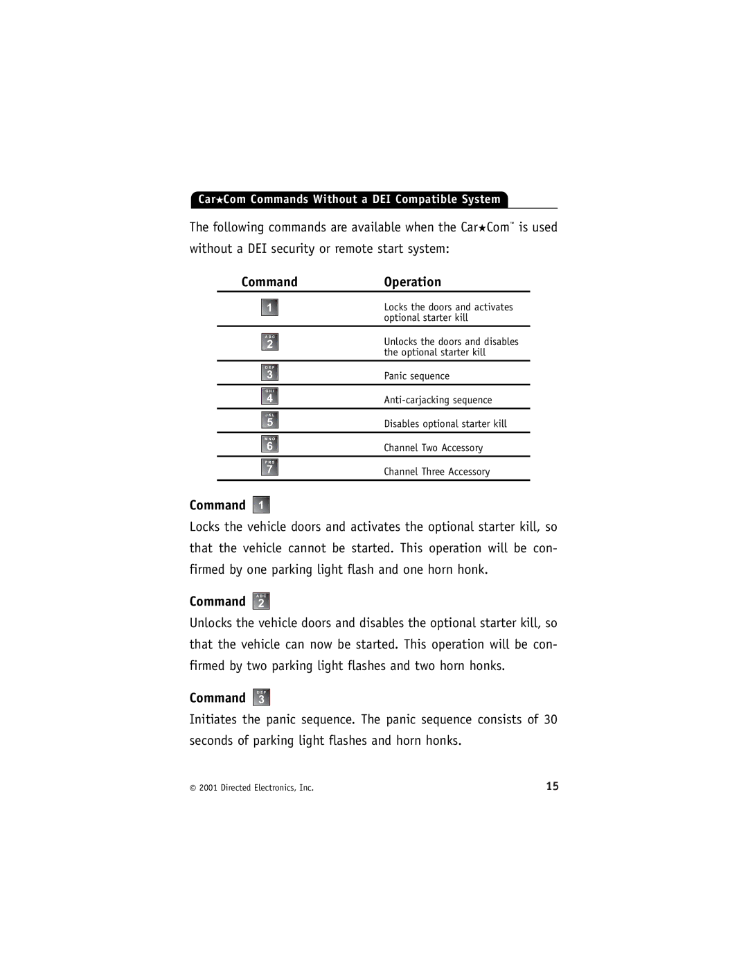 Directed Electronics Model 400 manual CarCom Commands Without a DEI Compatible System 