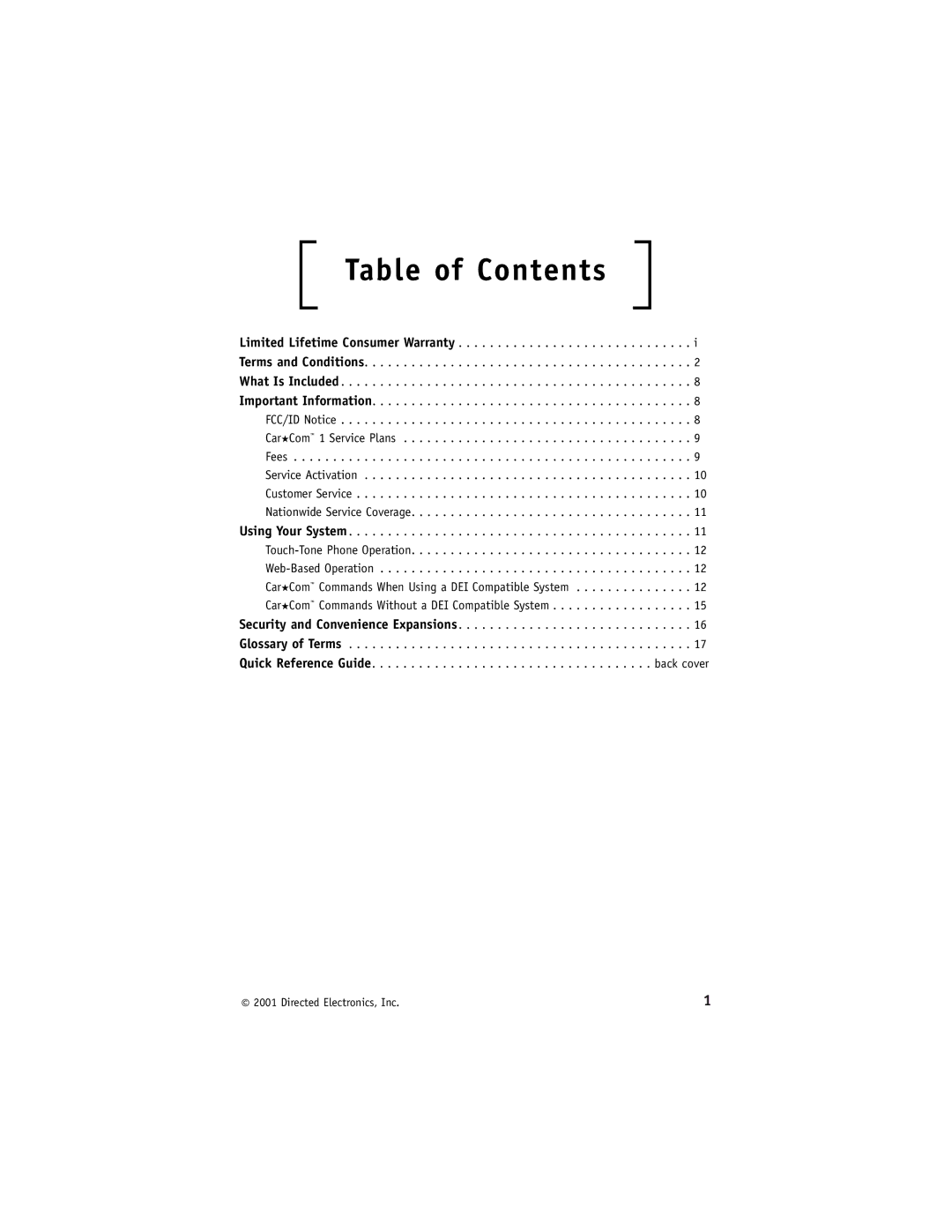 Directed Electronics Model 400 manual Table of Contents 