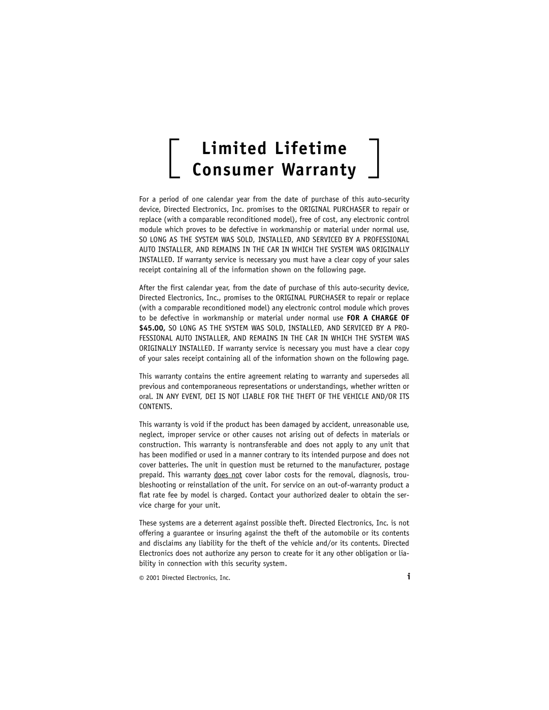Directed Electronics Model 400 manual Limited Lifetime Consumer Warranty, Directed Electronics, Inc 