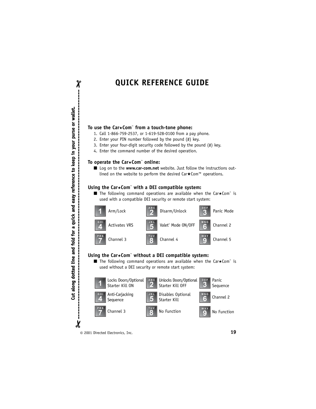 Directed Electronics Model 400 Quick Reference Guide, PIN Number, To use the CarCom from a touch-tonephone, Cut along 