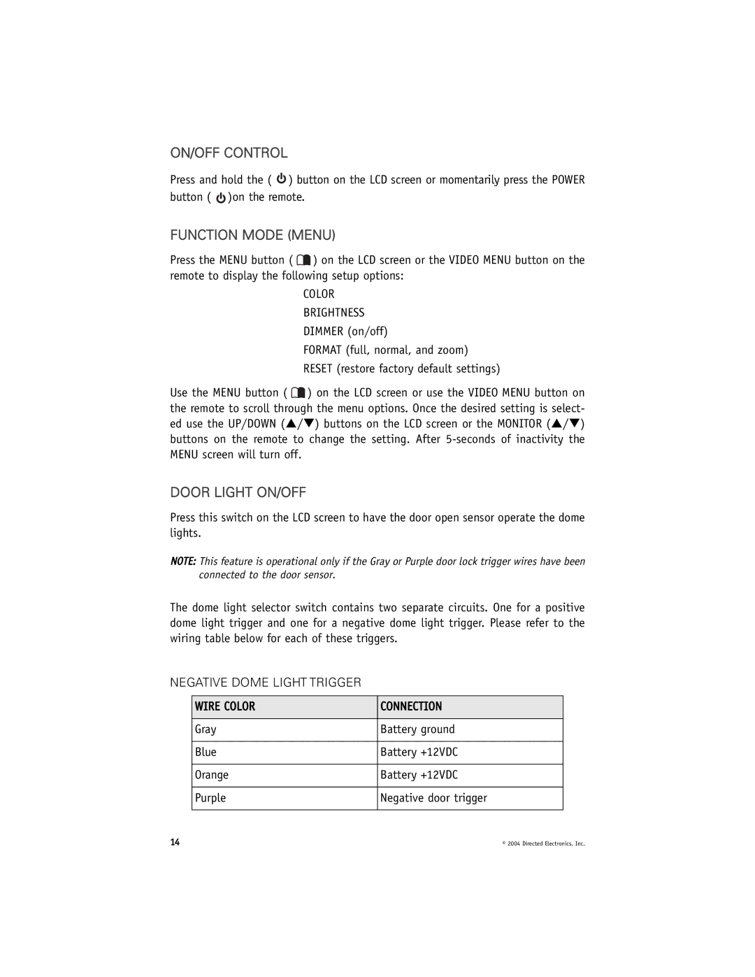 Directed Electronics N82900 manual ON/OFF Control, Function Mode Menu, Door Light ON/OFF, Color Brightness 