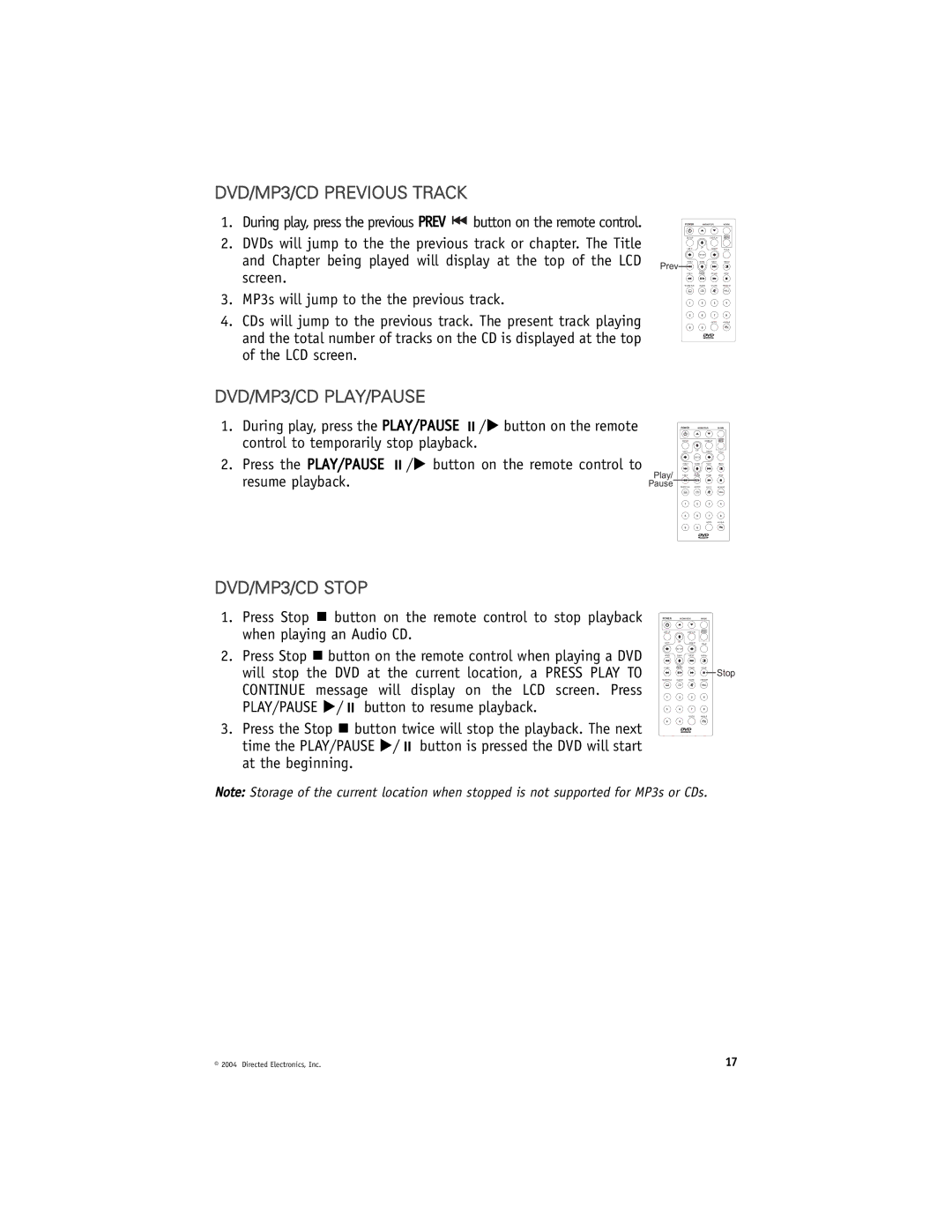 Directed Electronics N82900 manual DVD/MP3/CD Previous Track, DVD/MP3/CD PLAY/PAUSE, DVD/MP3/CD Stop 