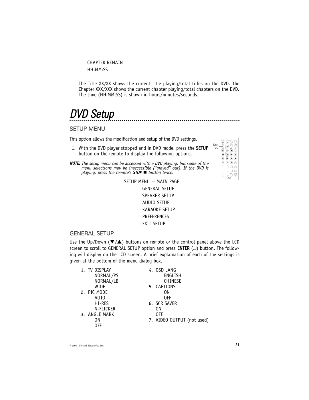 Directed Electronics N82900 manual DVD Setup, Setup Menu, General Setup, Chapter Remain Hhmmss 