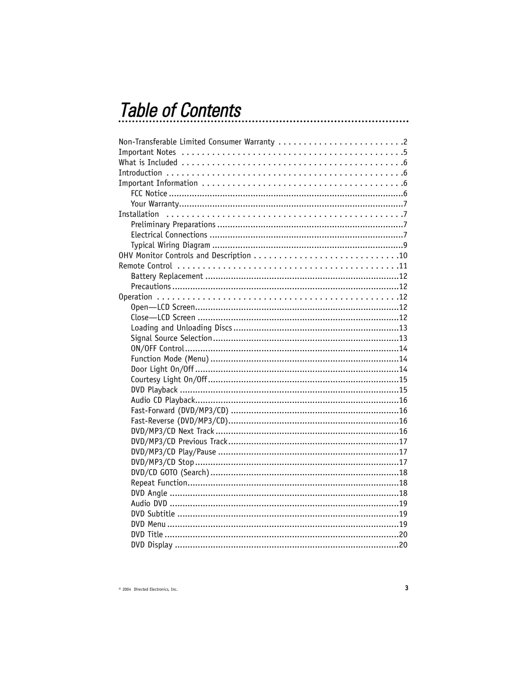 Directed Electronics N82900 manual Table of Contents 