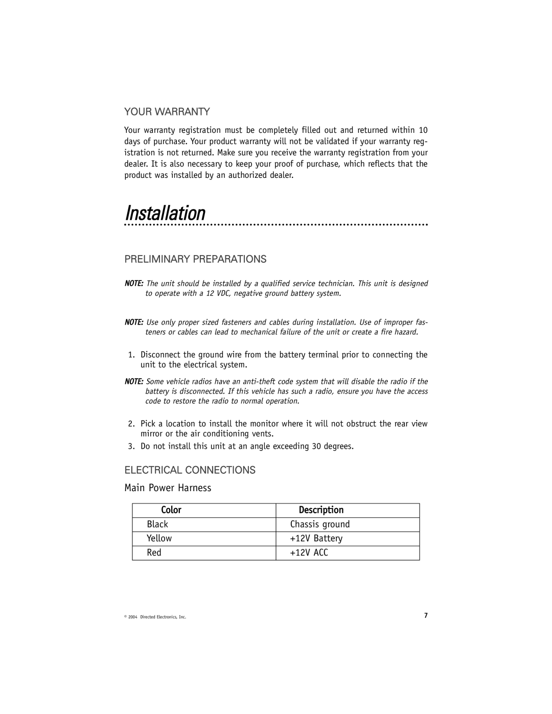 Directed Electronics N82900 manual Installation, Your Warranty, Preliminary Preparations, Electrical Connections 