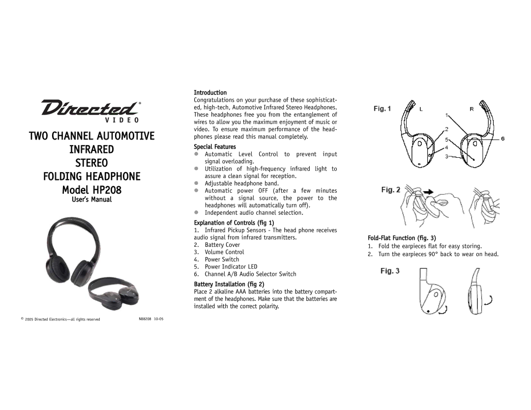 Directed Electronics N88208 manual TWO Channel Automotive Infrared Stereo Folding Headphone, Model HP208, User’s Manual 