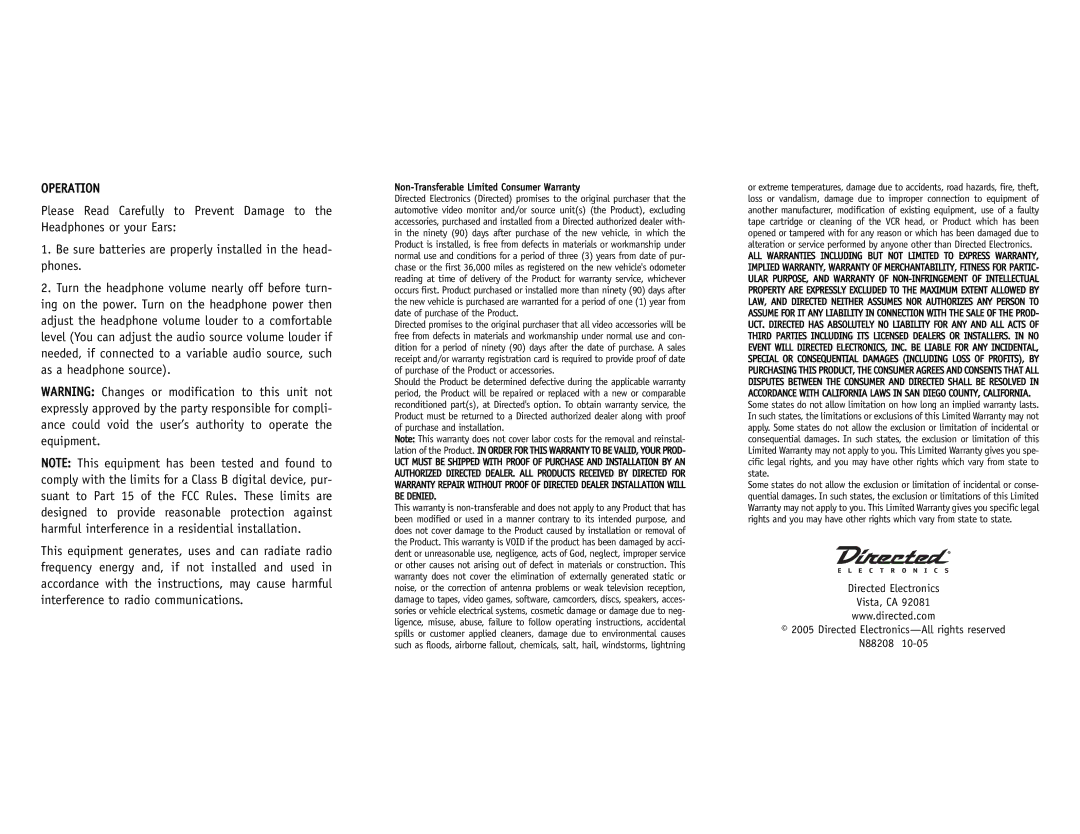 Directed Electronics N88208 manual Operation, Non-Transferable Limited Consumer Warranty 