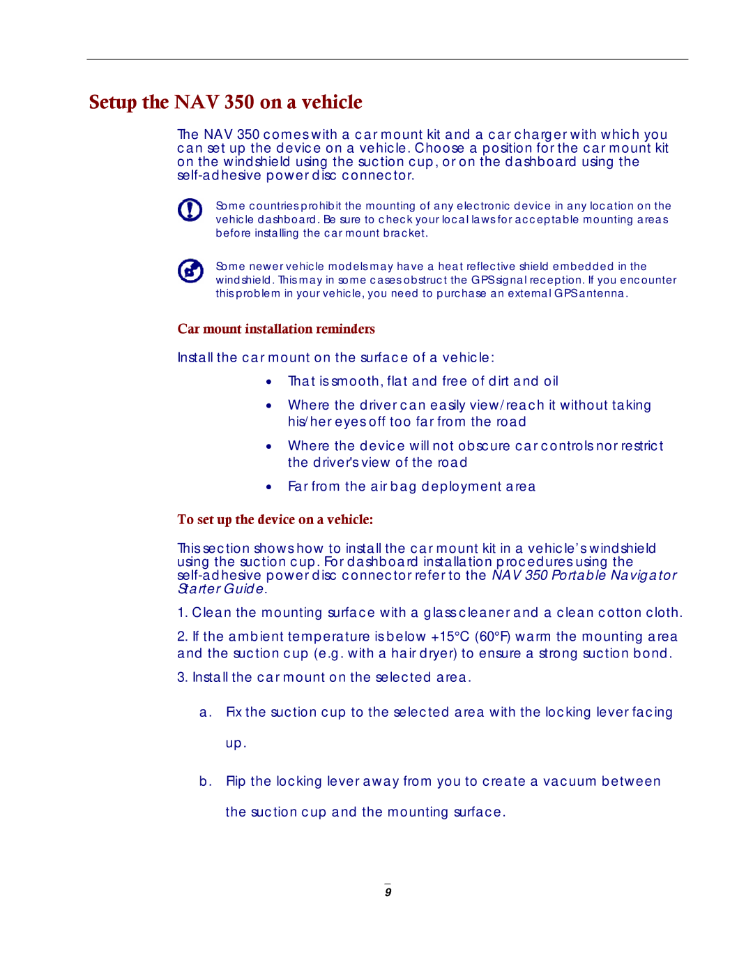 Directed Electronics NAV350 manual Setup the NAV 350 on a vehicle, Car mount installation reminders 