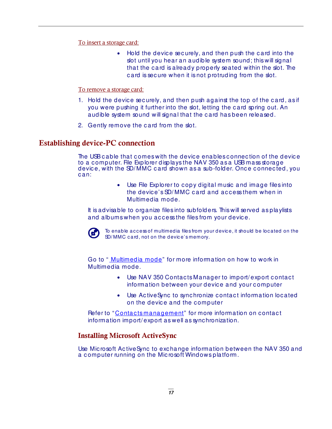 Directed Electronics NAV350 manual Establishing device-PC connection, To insert a storage card 