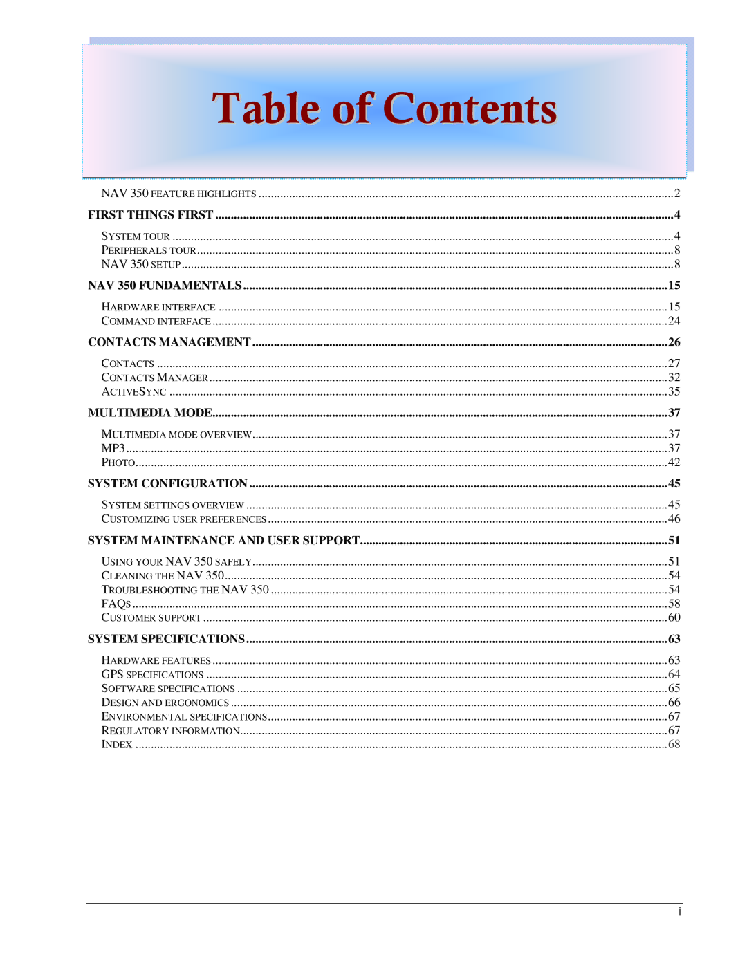 Directed Electronics NAV350 manual Table of Contents 