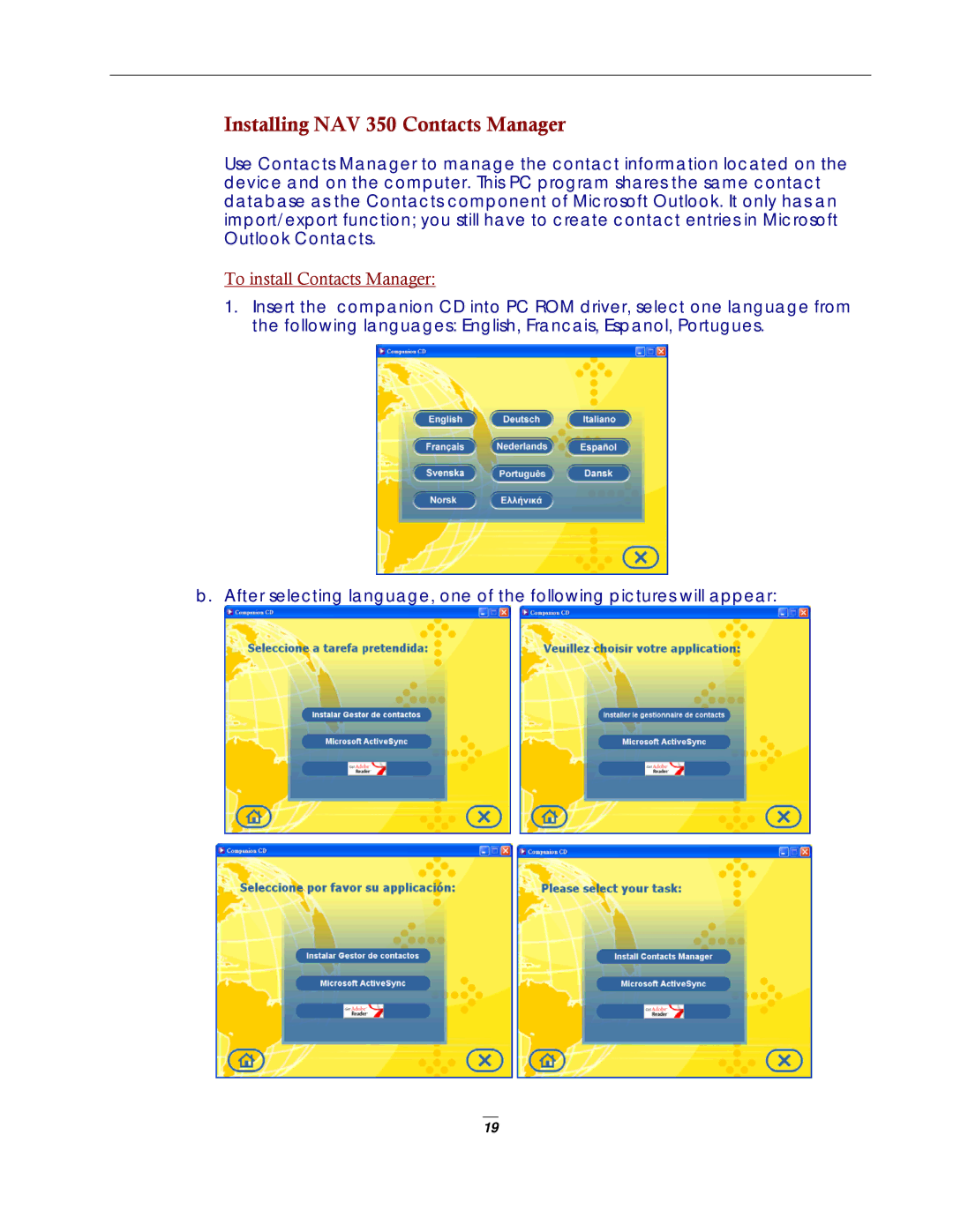 Directed Electronics NAV350 manual Installing NAV 350 Contacts Manager 