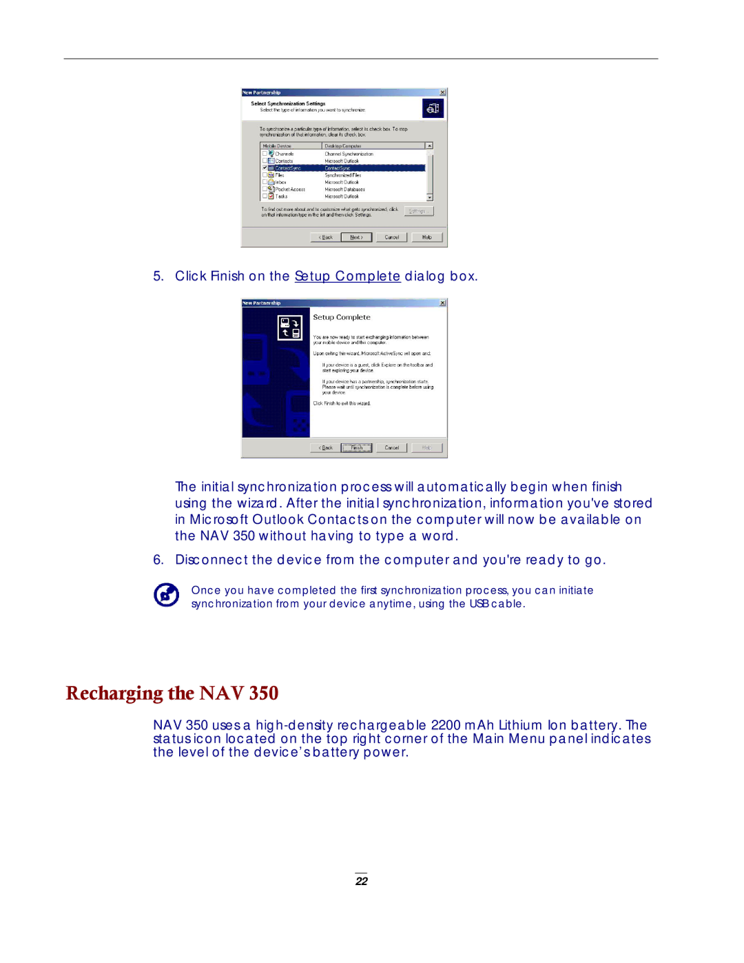 Directed Electronics NAV350 manual Recharging the NAV 