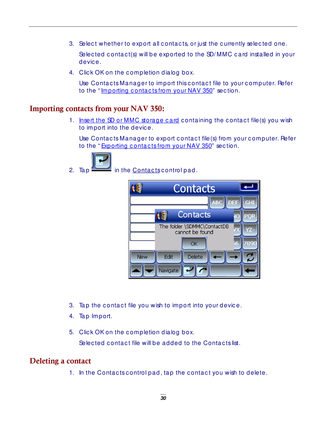 Directed Electronics NAV350 manual Importing contacts from your NAV, Deleting a contact 