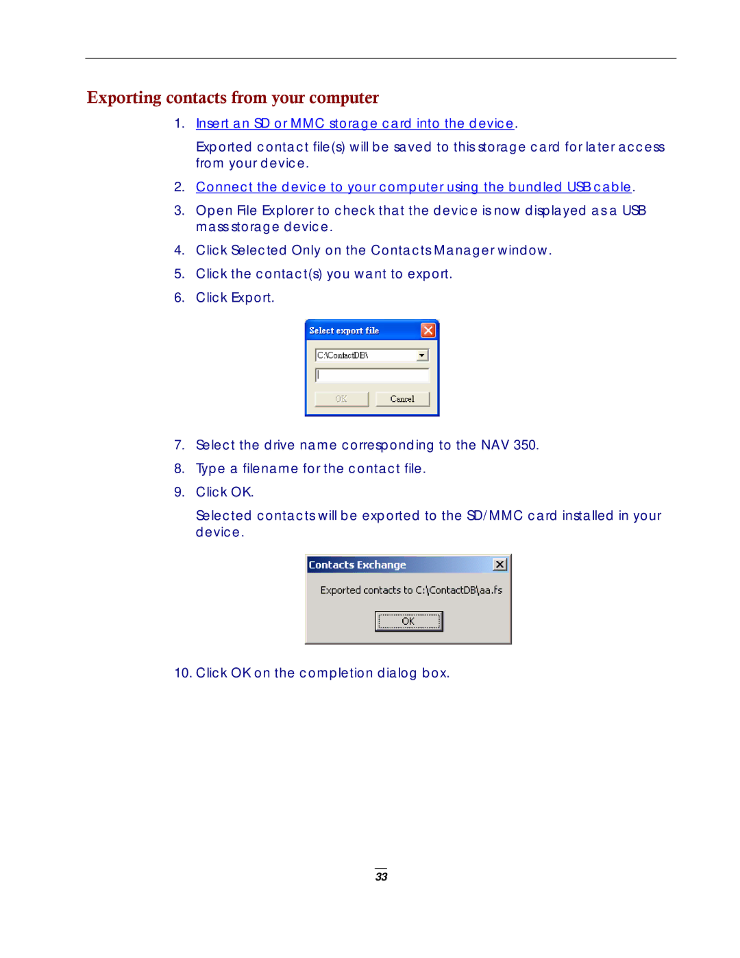 Directed Electronics NAV350 manual Exporting contacts from your computer 