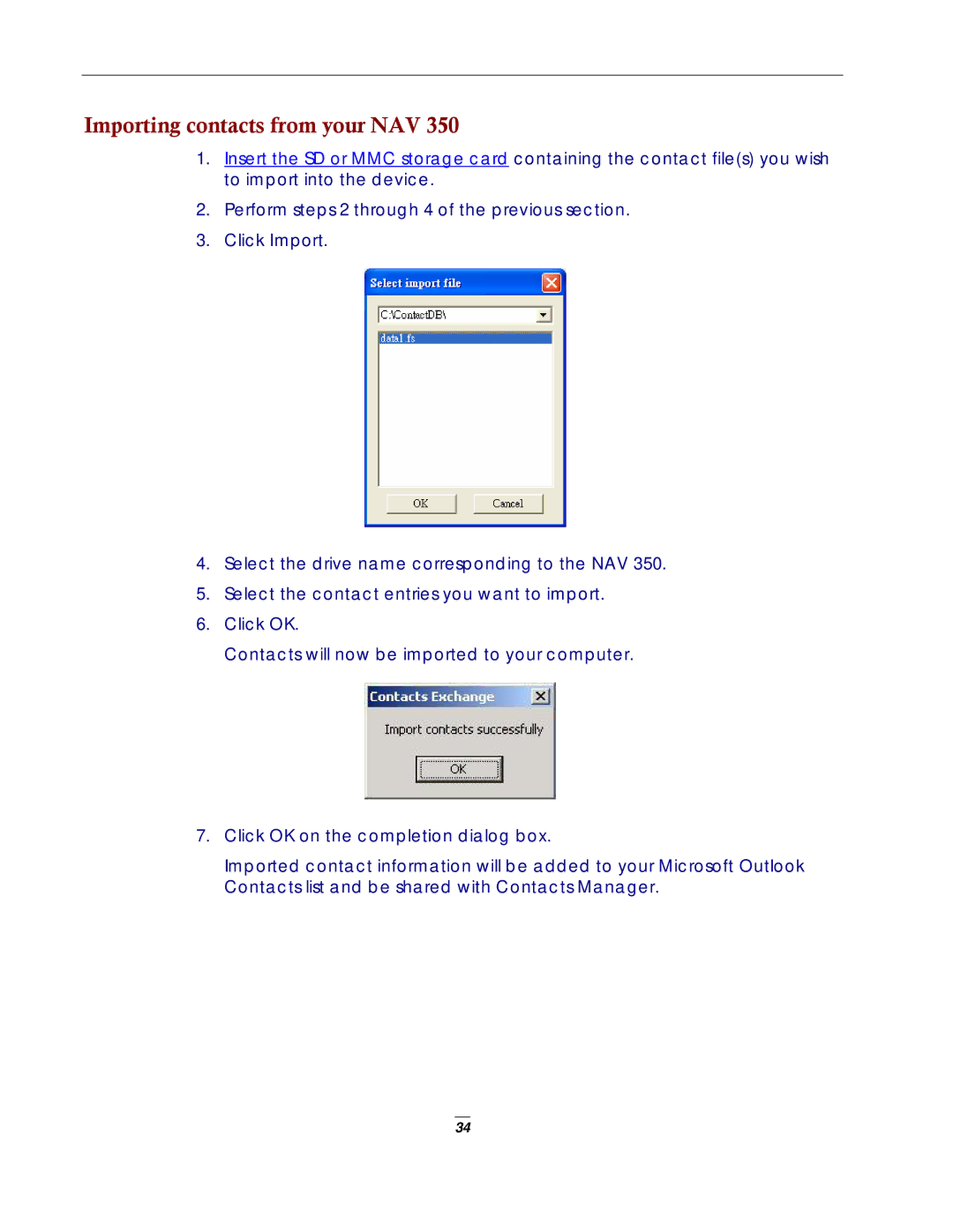 Directed Electronics NAV350 manual Importing contacts from your NAV 