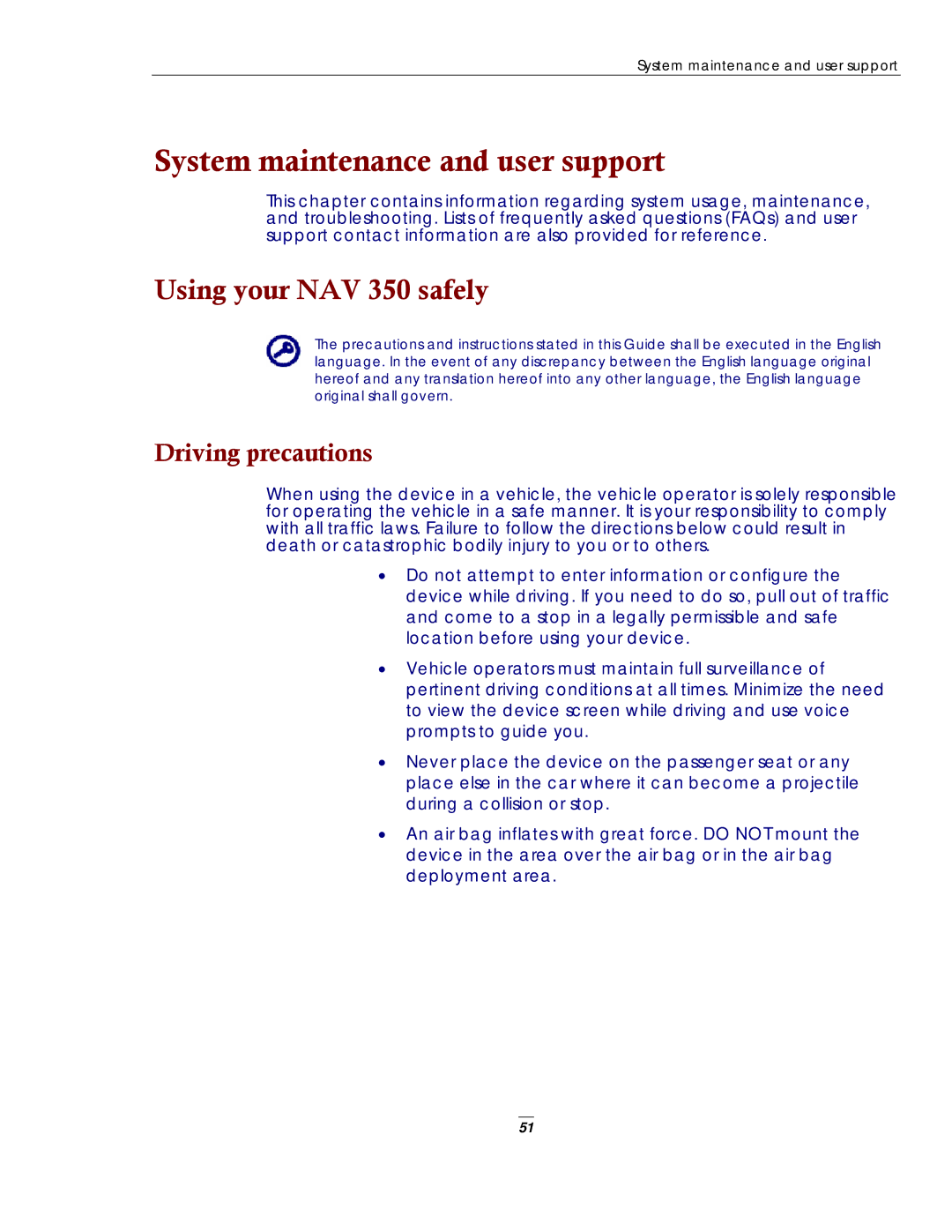 Directed Electronics NAV350 manual Using your NAV 350 safely, Driving precautions 