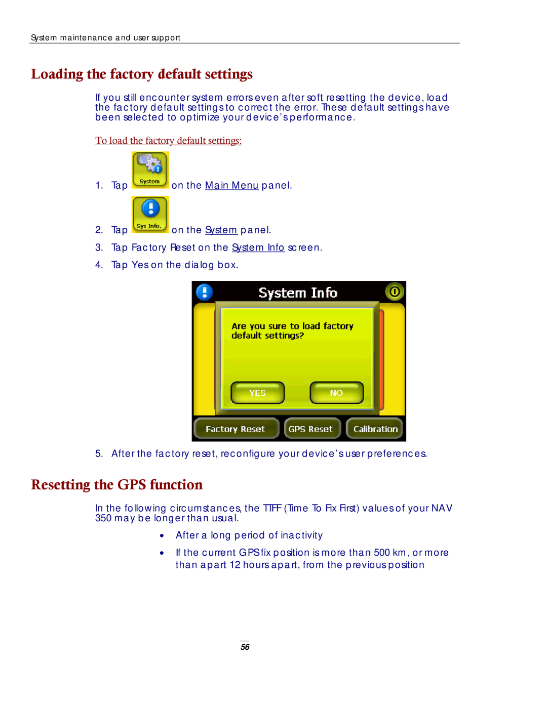 Directed Electronics NAV350 manual Loading the factory default settings, Resetting the GPS function 