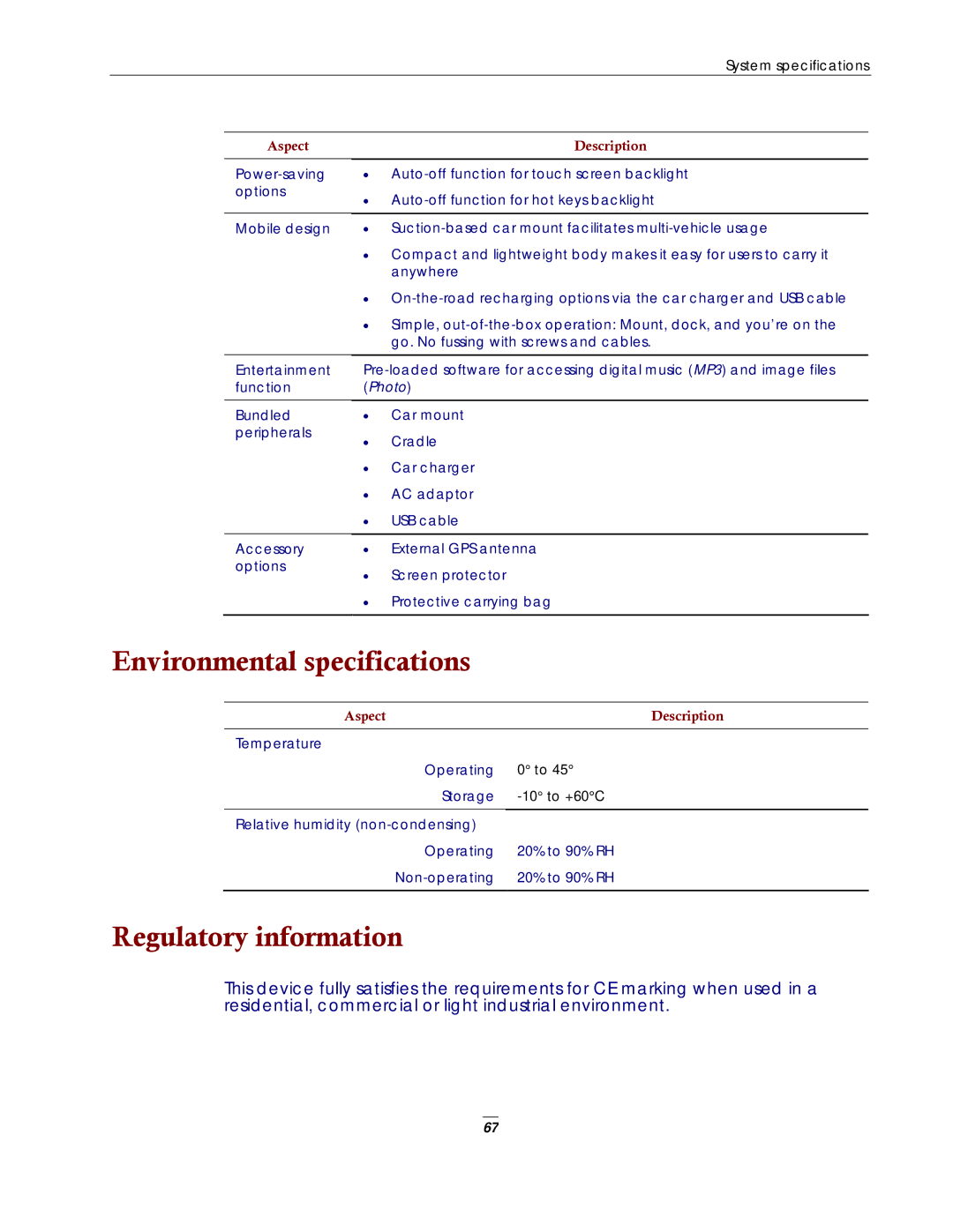 Directed Electronics NAV350 manual Environmental specifications, Regulatory information 