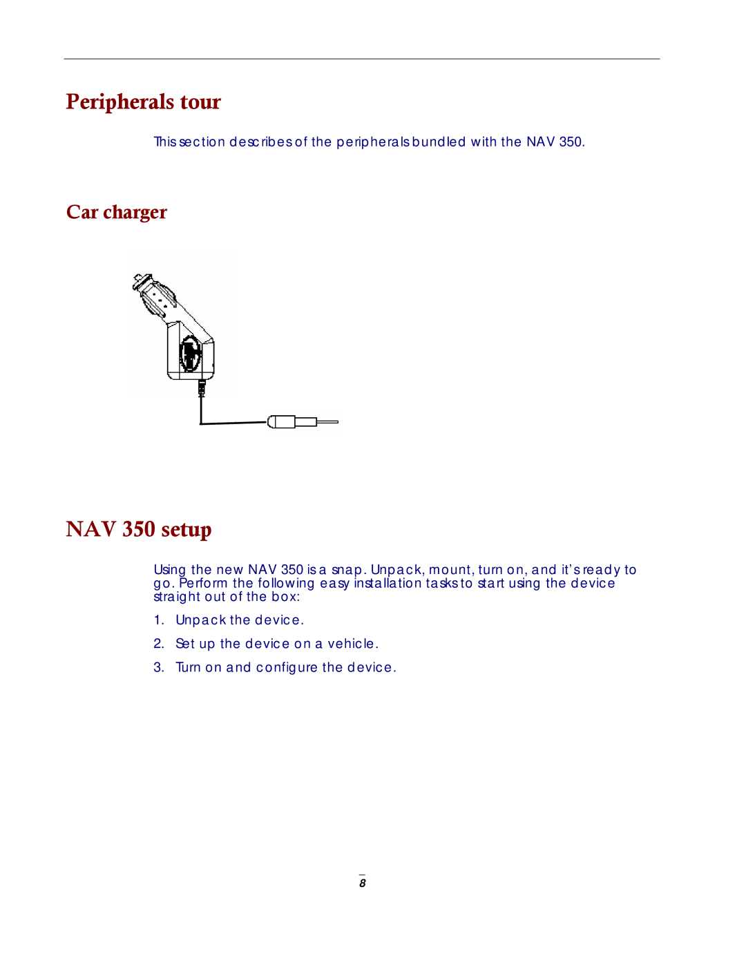 Directed Electronics NAV350 manual Peripherals tour, NAV 350 setup, Car charger 