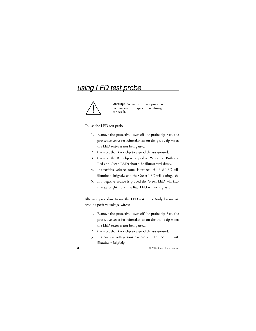 Directed Electronics Nissan manual Using LED test probe 