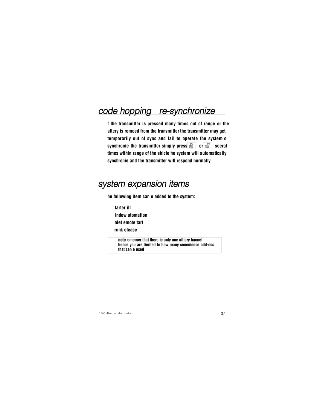 Directed Electronics Nissan manual Code hopping re-synchronize, System expansion items 