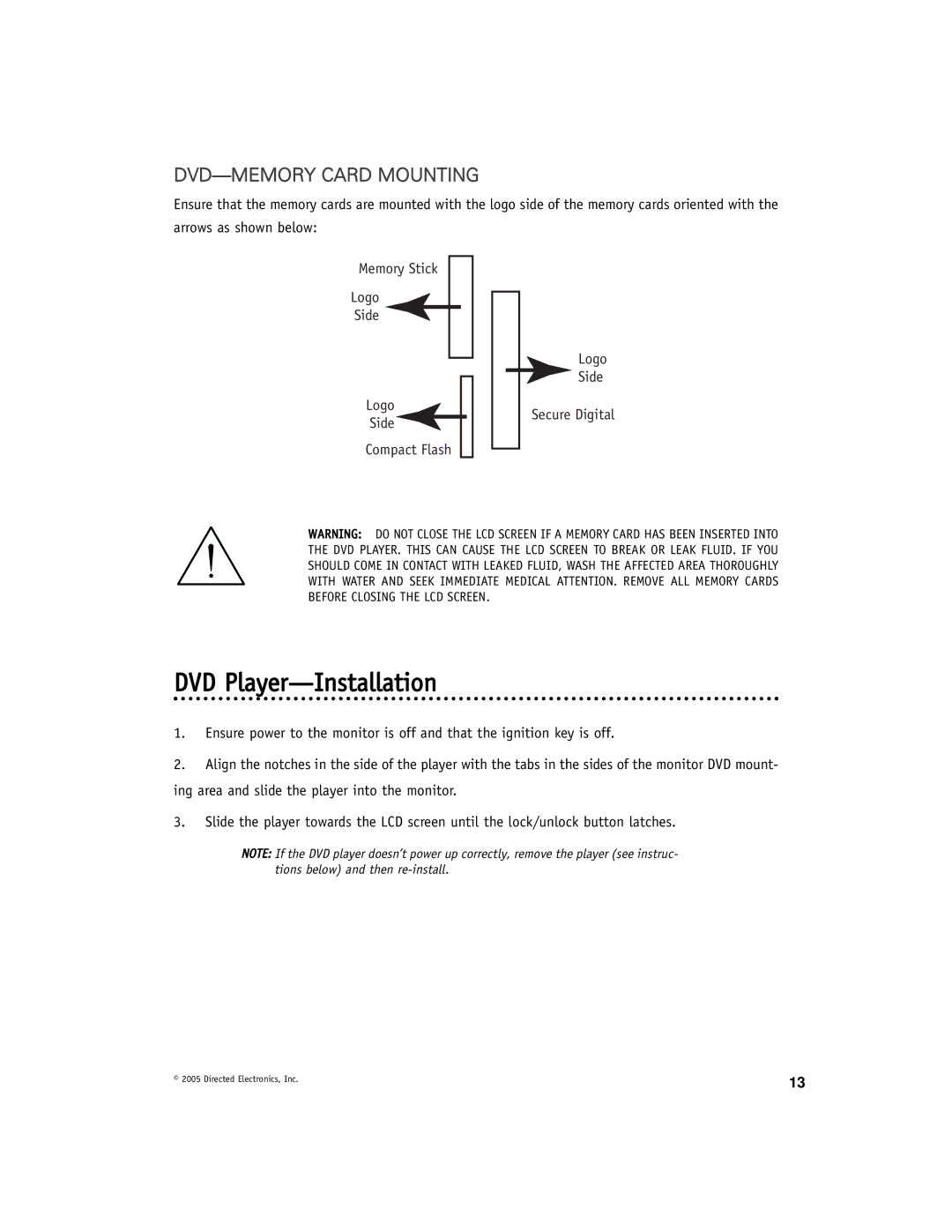 Directed Electronics OHD1021A manual DVD Player-Installation, DVD-MEMORY Card Mounting 