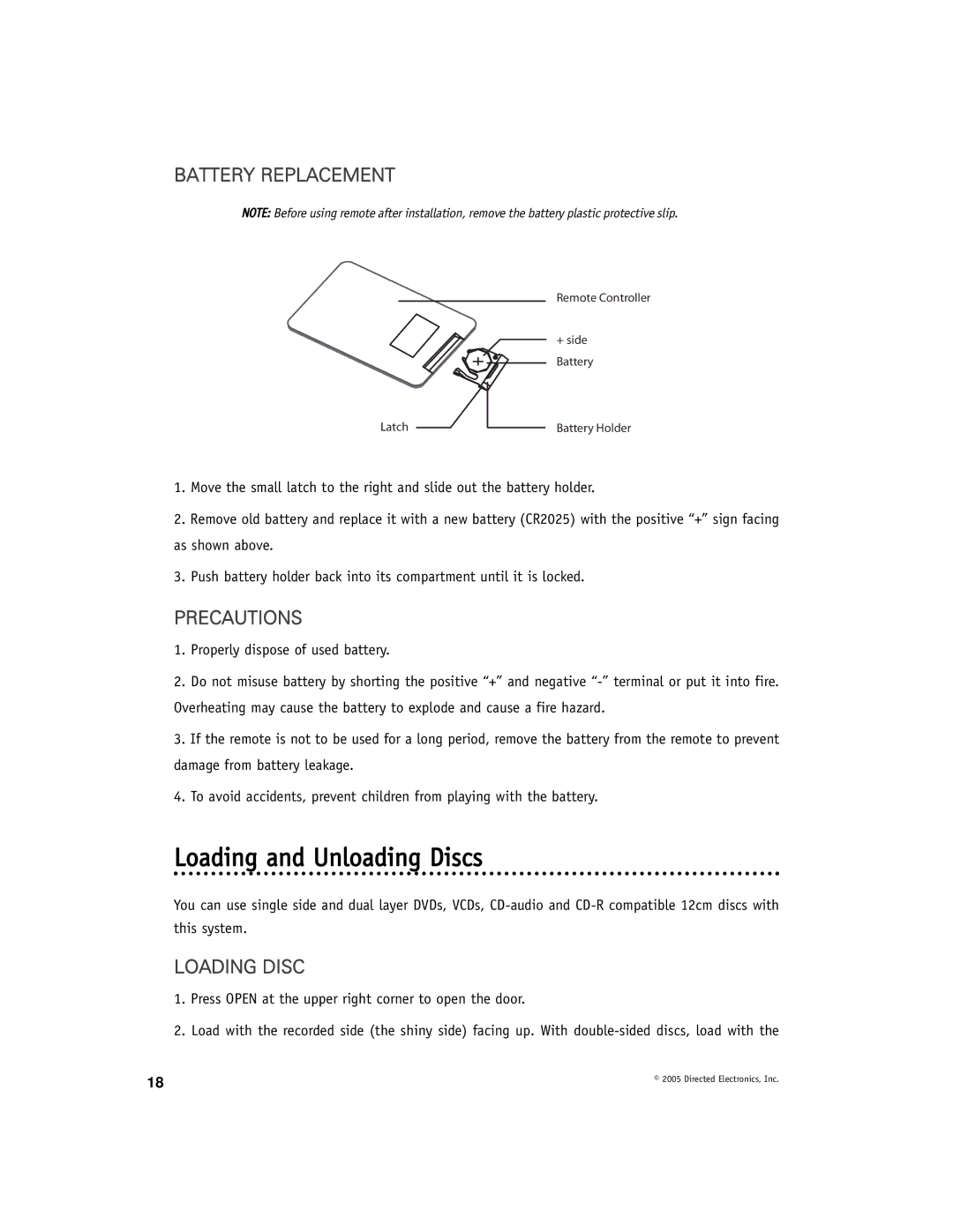 Directed Electronics OHD1021A manual Loading and Unloading Discs, Battery Replacement, Precautions, Loading Disc 