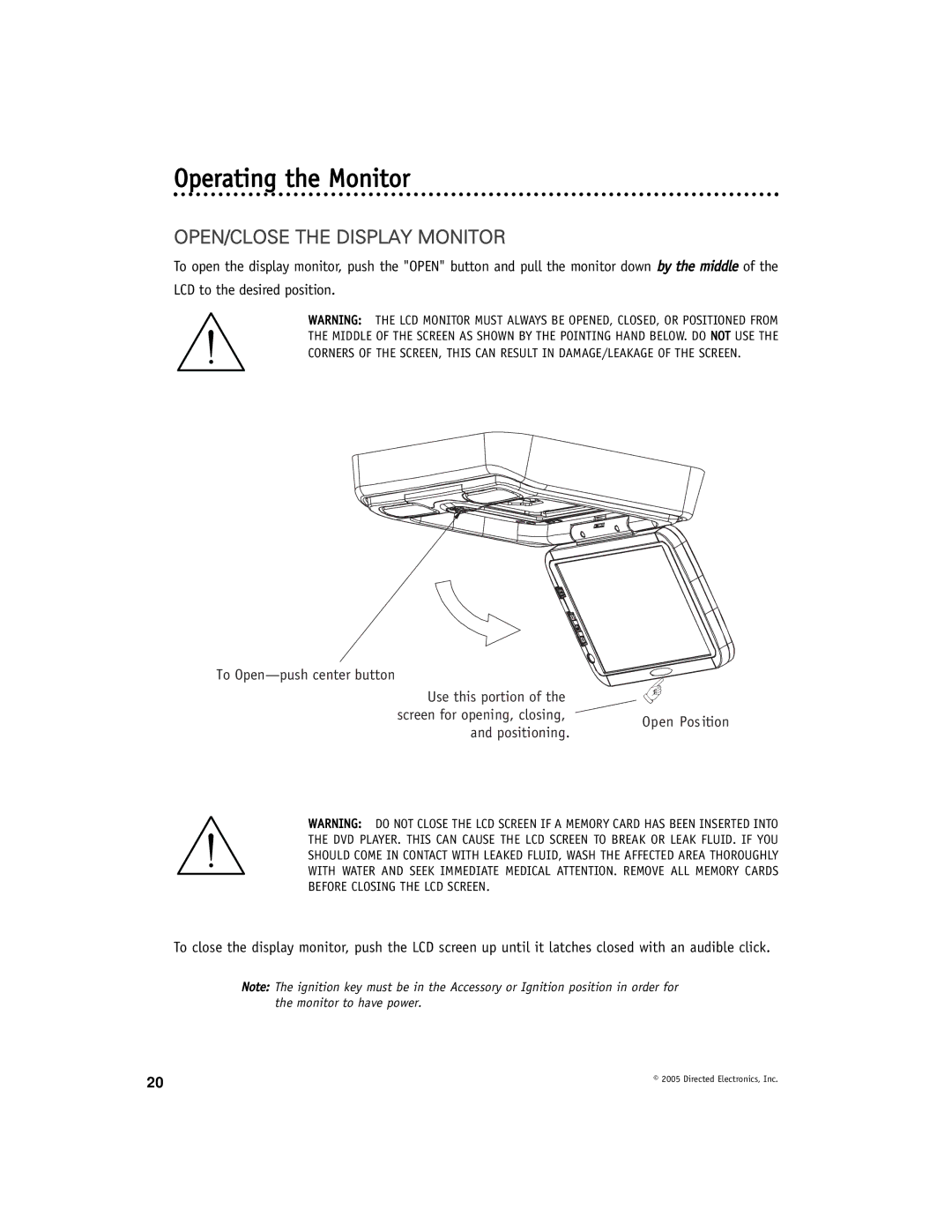 Directed Electronics OHD1021A manual Operating the Monitor, OPEN/CLOSE the Display Monitor 