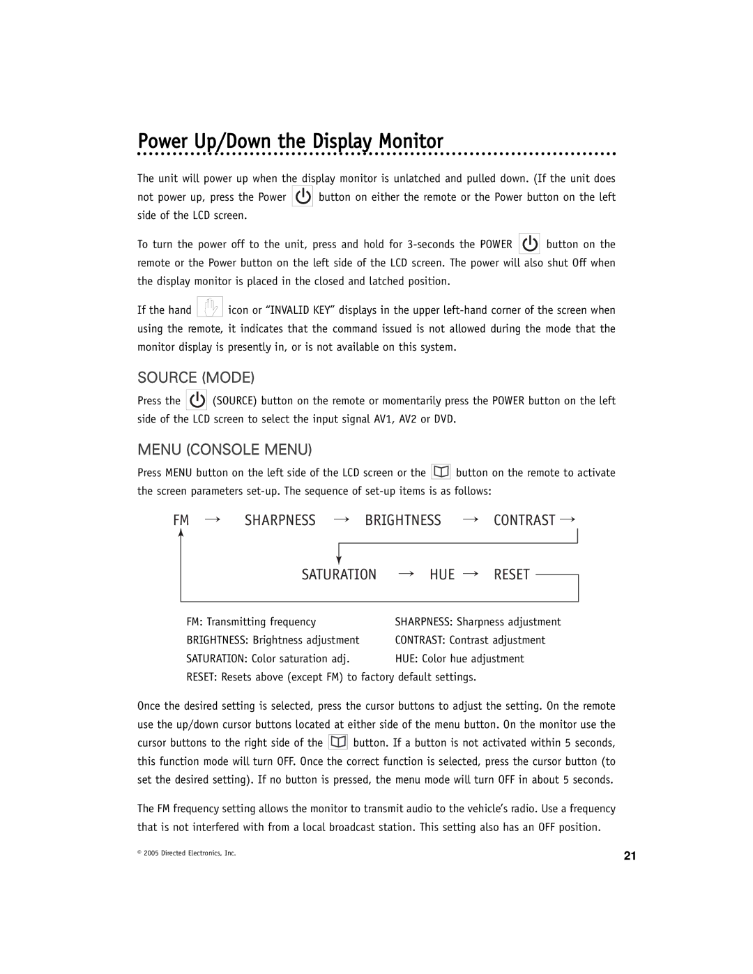 Directed Electronics OHD1021A manual Power Up/Down the Display Monitor, Source Mode, Menu Console Menu 