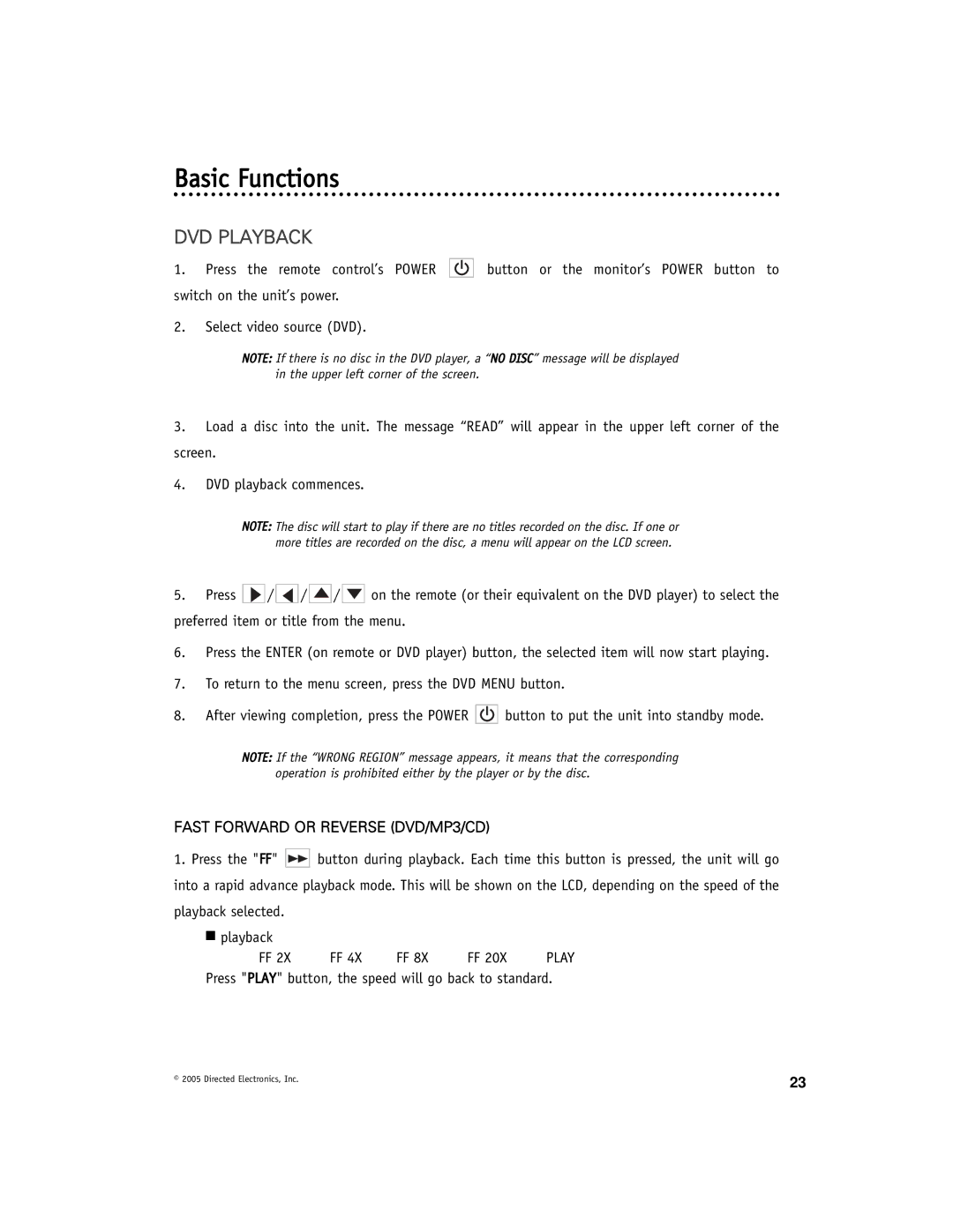 Directed Electronics OHD1021A manual Basic Functions, DVD Playback, Fast Forward or Reverse DVD/MP3/CD 