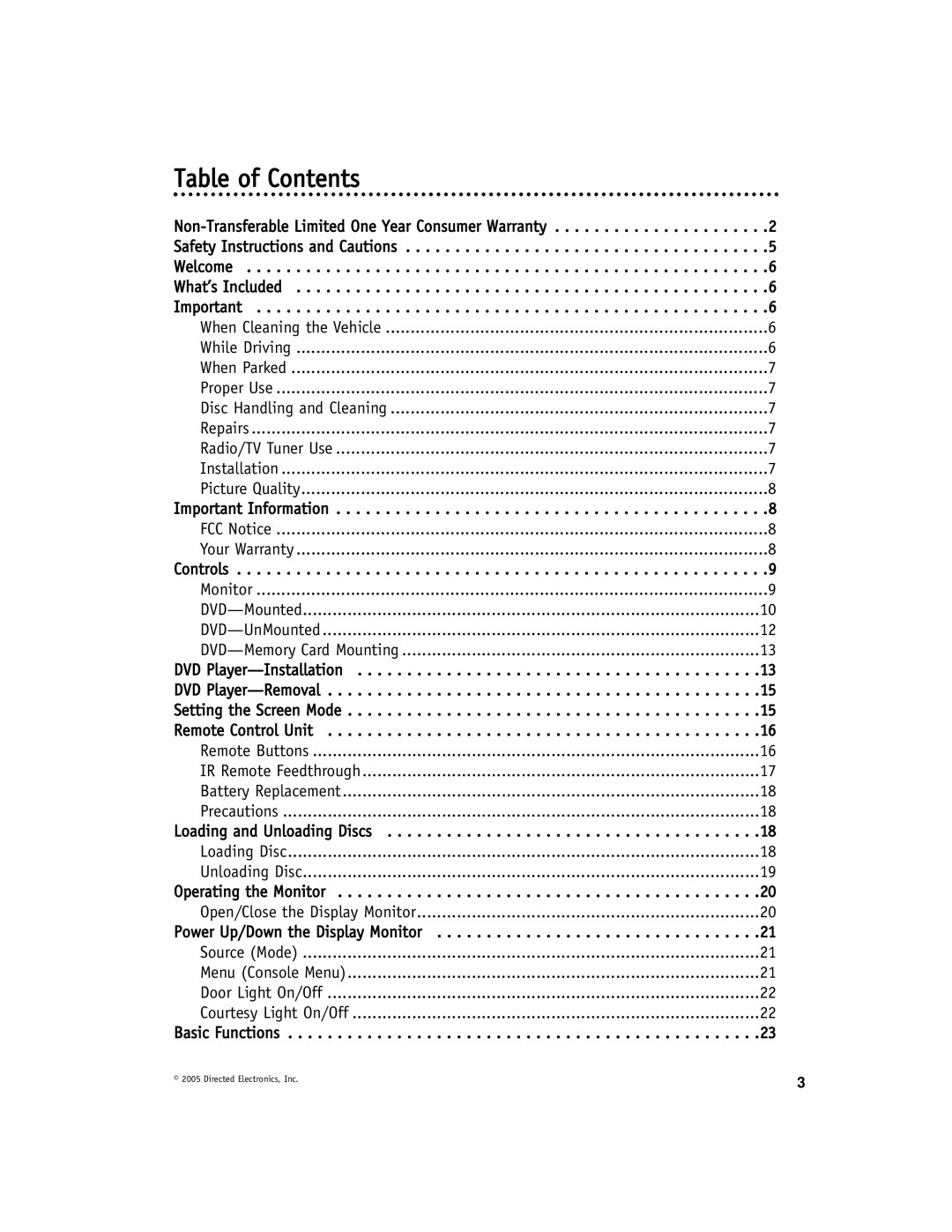 Directed Electronics OHD1021A manual Table of Contents 