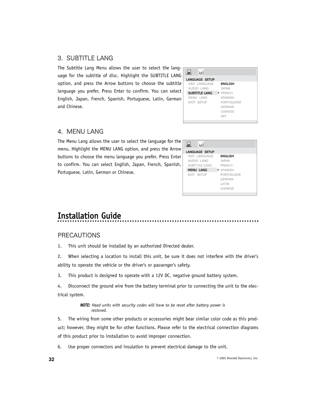 Directed Electronics OHD1021A manual Installation Guide, Subtitle Lang, Menu Lang 