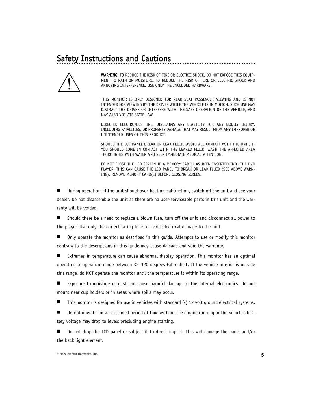 Directed Electronics OHD1021A manual Safety Instructions and Cautions 