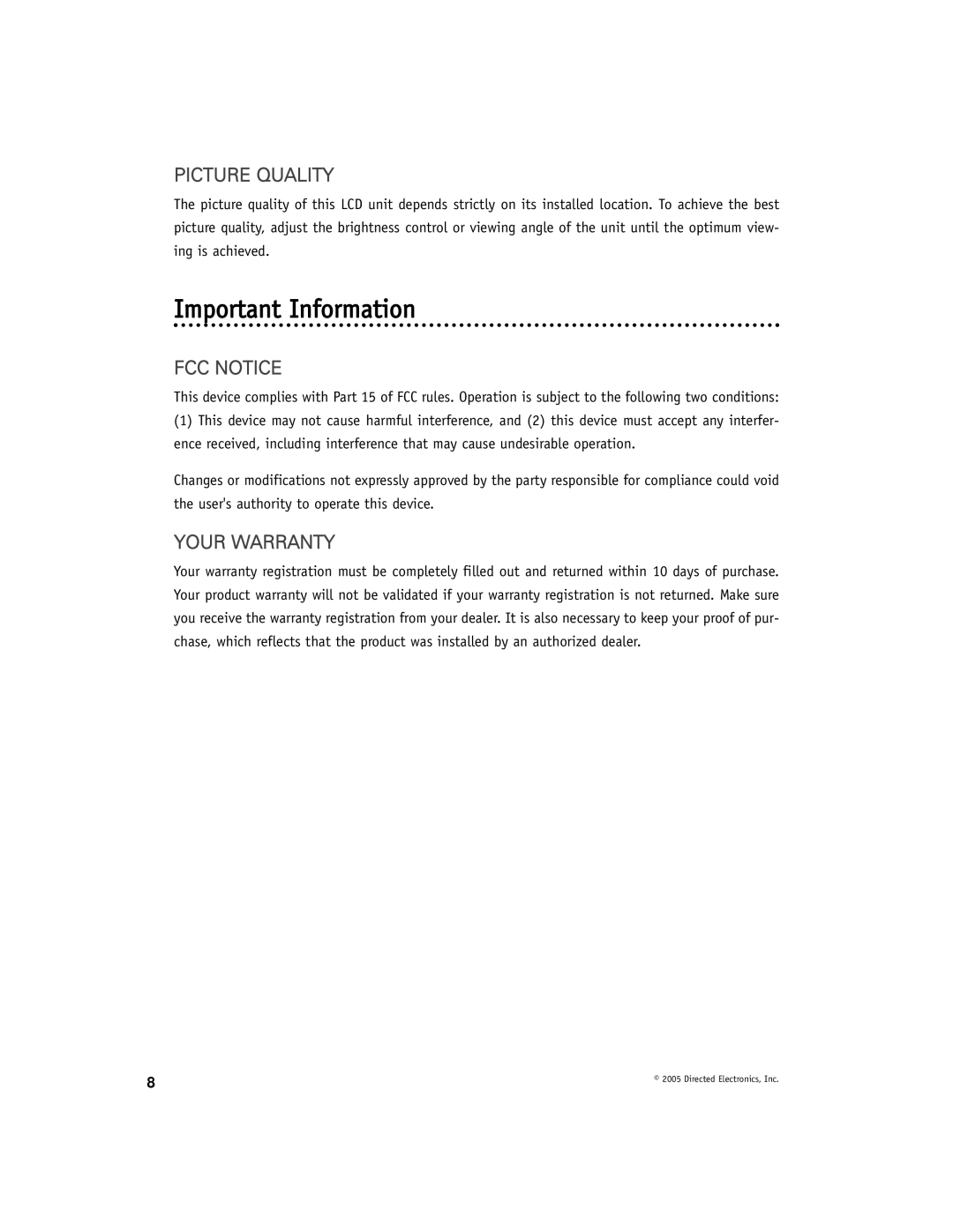 Directed Electronics OHD1021A manual Important Information, Picture Quality, FCC Notice, Your Warranty 