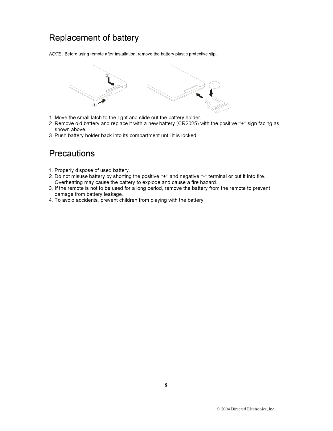 Directed Electronics OHD1502 manual Replacement of battery, Precautions 