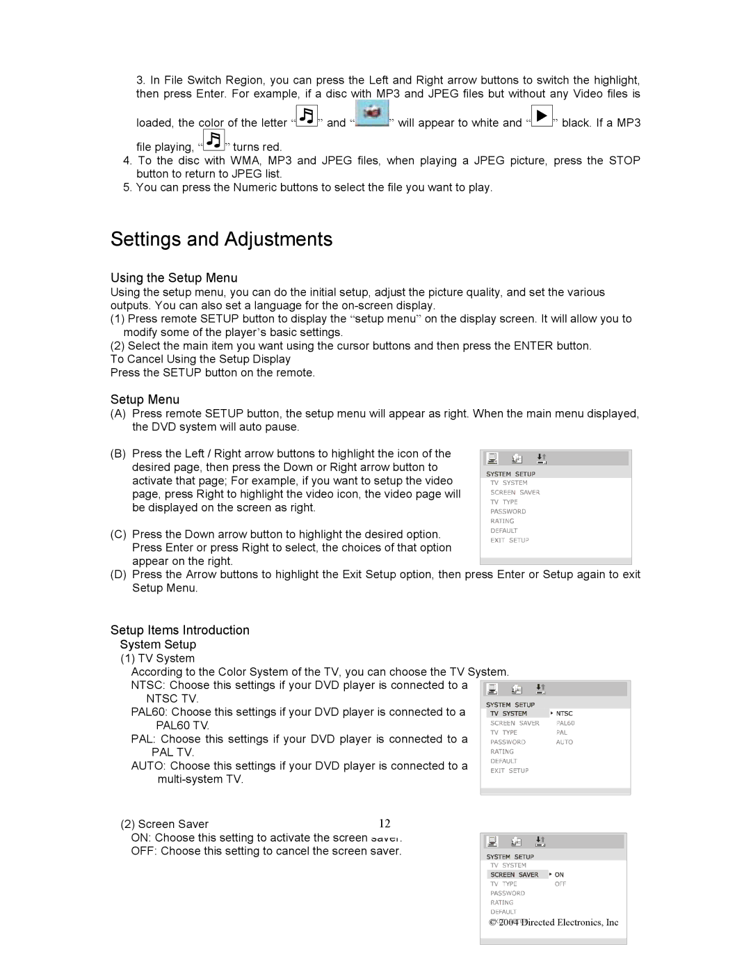 Directed Electronics OHD1502 manual Settings and Adjustments, Using the Setup Menu 