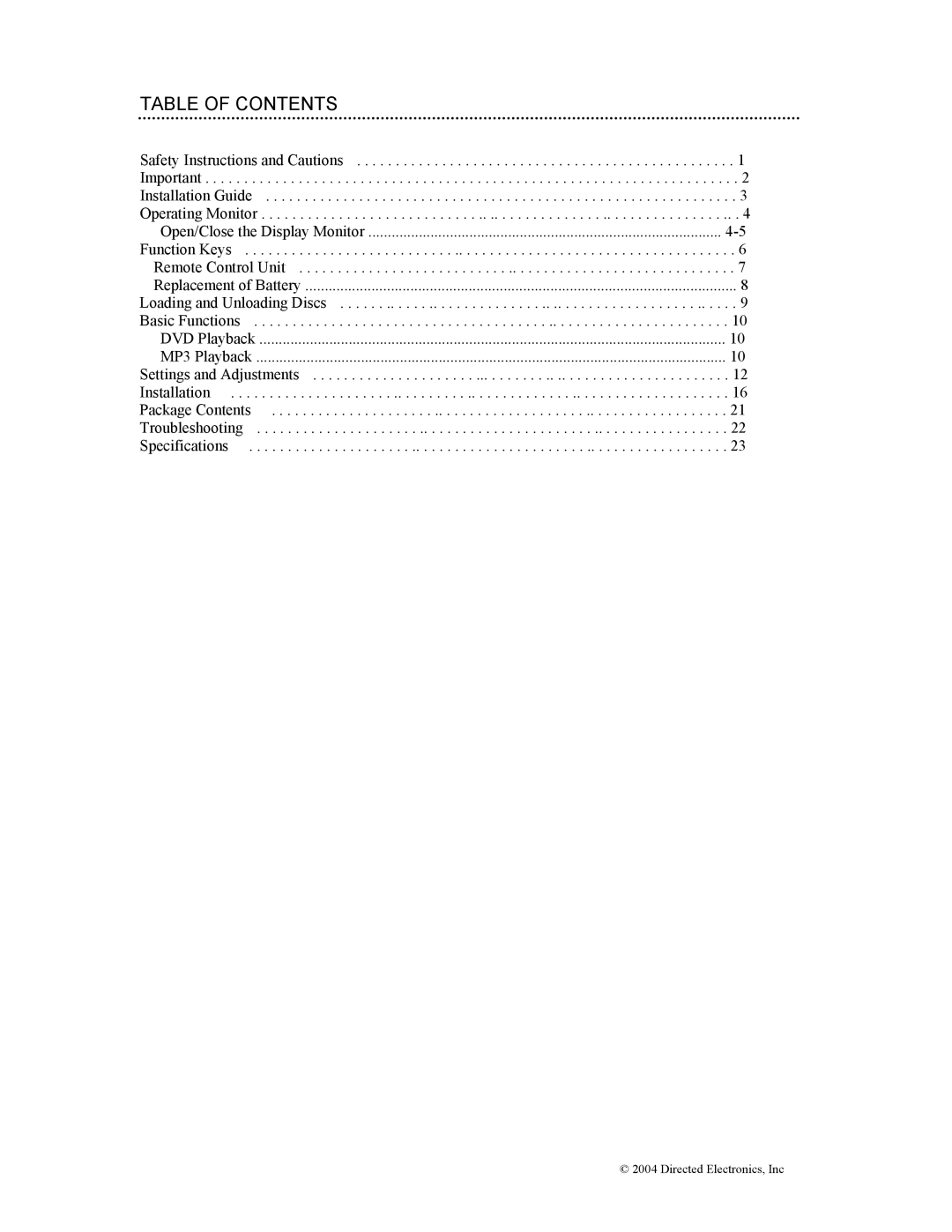 Directed Electronics OHD1502 manual Table of Contents 